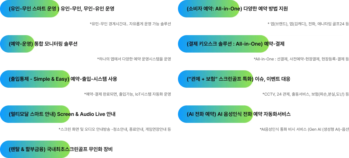 무인 운영 솔루션: 유인-무인 스마트 운영, 소비자 예약 All-in-One, 예약-운영 통합 모니터링, 결제 키오스크, 출입통제, 관제+보험, 멀티모달 스마트 안내, AI 전화 예약, 렌탈·할부금융