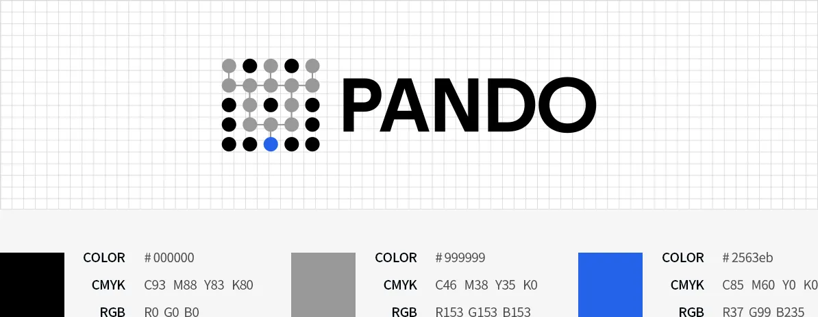 판도 로고(PANDO)와 CI 컬러: 블랙 #000000, 그레이 #999999, 블루 #2563EB