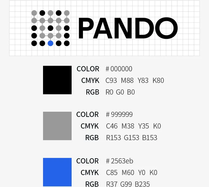 판도 로고(PANDO)와 CI 컬러: 블랙 #000000, 그레이 #999999, 블루 #2563EB